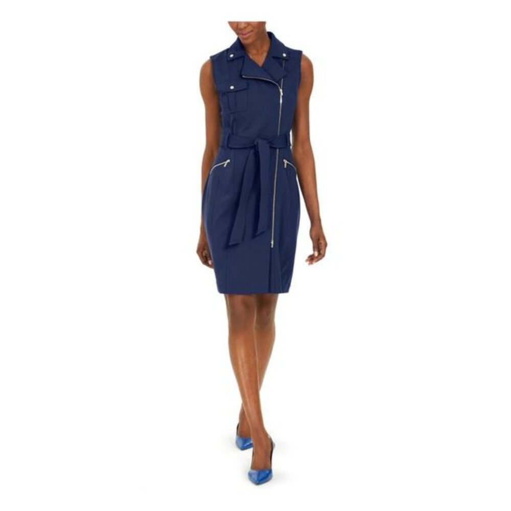 Calvin Klein Navy Blue Zip-Front Belted Sheath Dress Gold Hardware Size 14